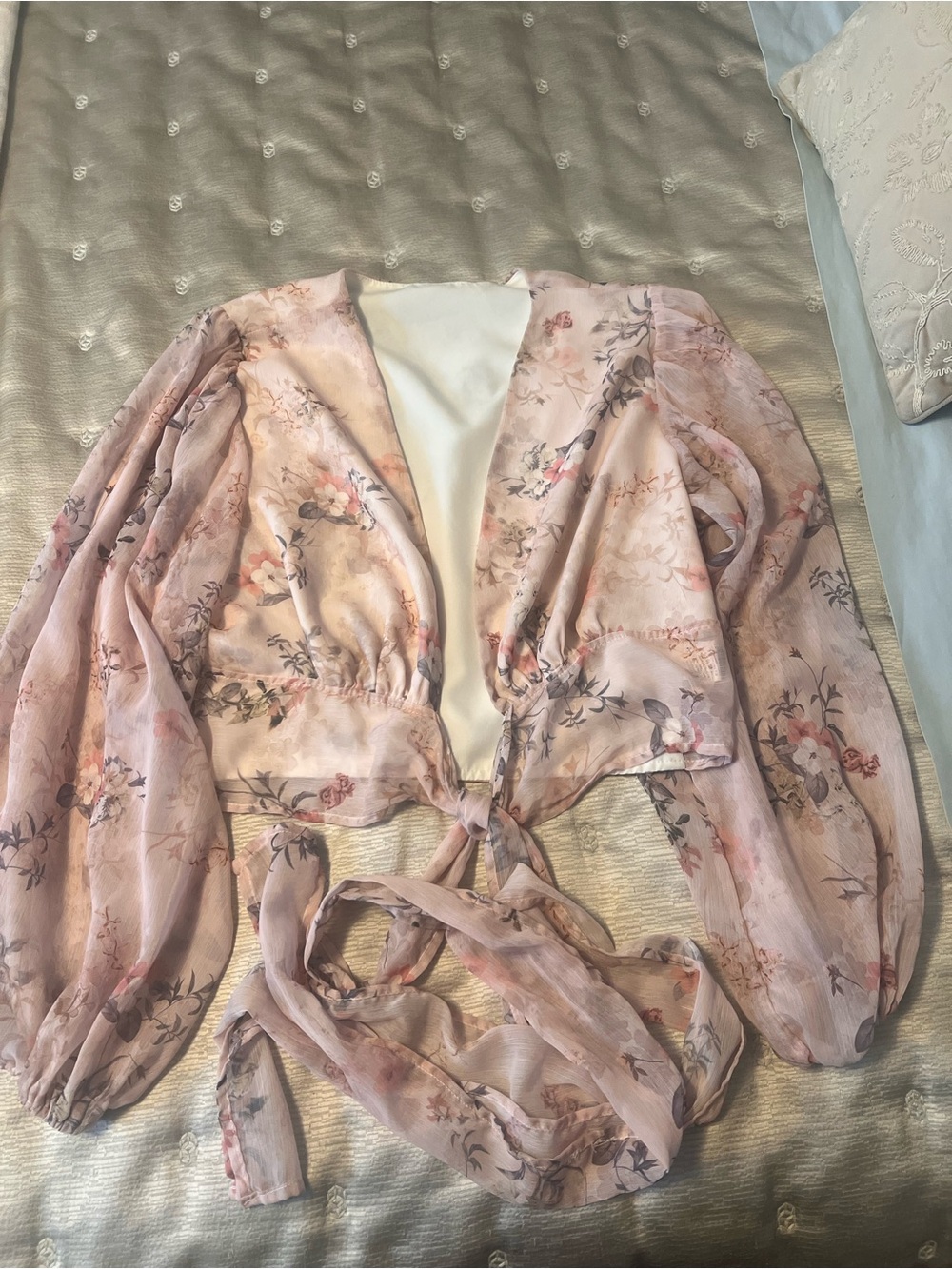 SHEIN Pink Floral Tie-Front Sheer Robe Blouse